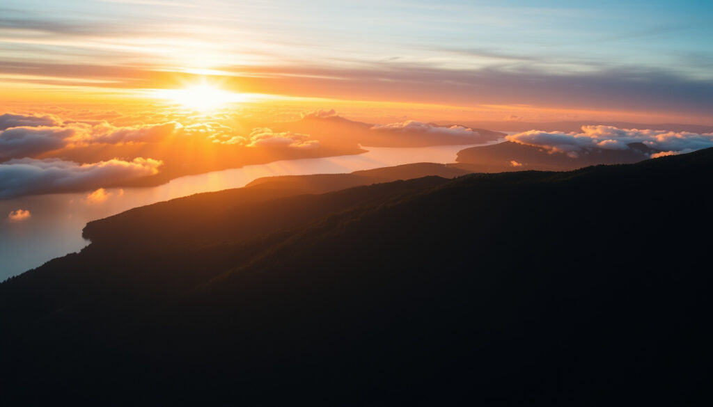 High-contrast aerial sunrise with bright clouds and dark terrain