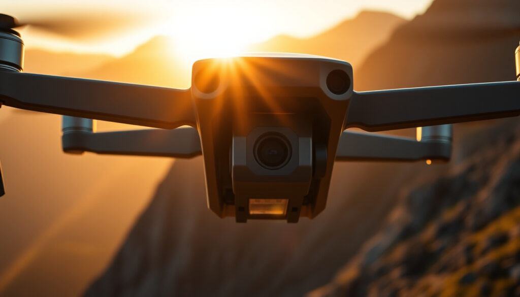 Large professional drone camera creating a sun starburst over mountains