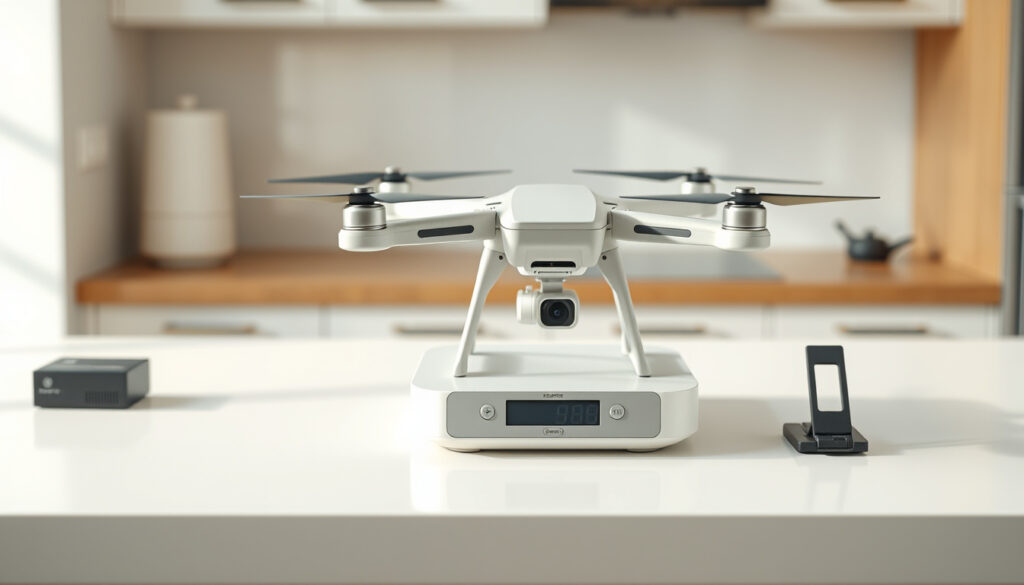 Ready-to-fly compact drone being weighed on a kitchen scale