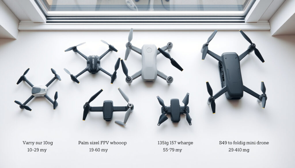 Size comparison of toy, sub-100 g, 135 g and 249 g camera drones