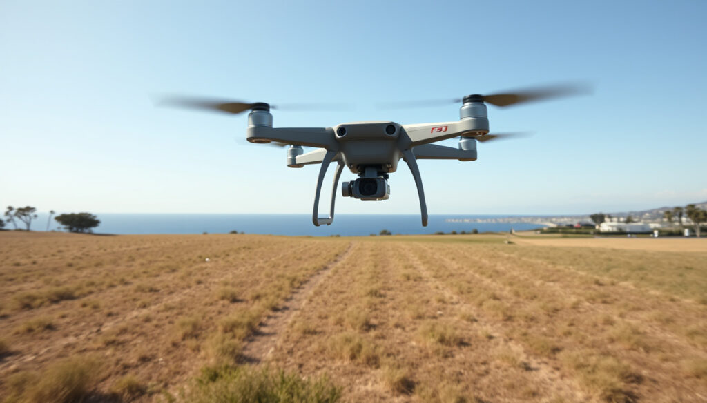 Small drone flying over an open coastal field with trees and buildings nearby