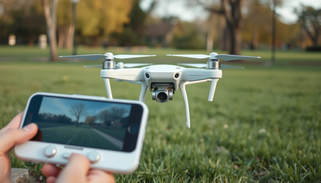 Small starter camera drone hovering low in a park for short-range practice