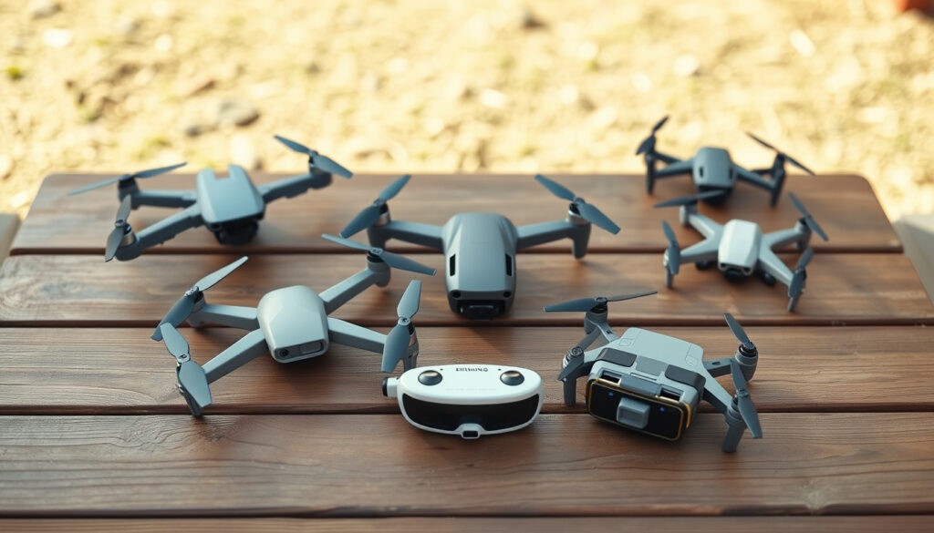Starter drone, selfie drone, FPV whoop and larger mini drone arranged on a table