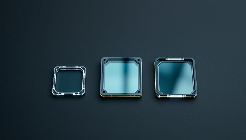 Three different sized drone camera sensors on a dark surface