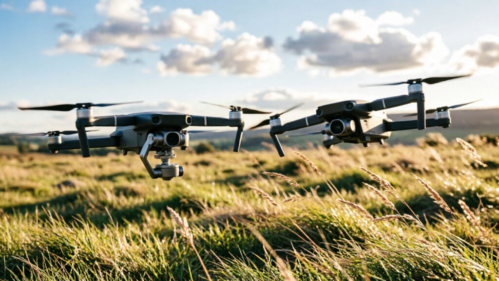 Two compact drones hovering in wind, one with a visible 3-axis gimbal and one with a fixed camera
